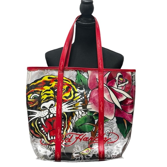 NWT Ed Hardy Tiger Rose Graphic Clear PVC Tote Bag Y2K 90s Edgy Streetwear - Picture 2 of 8